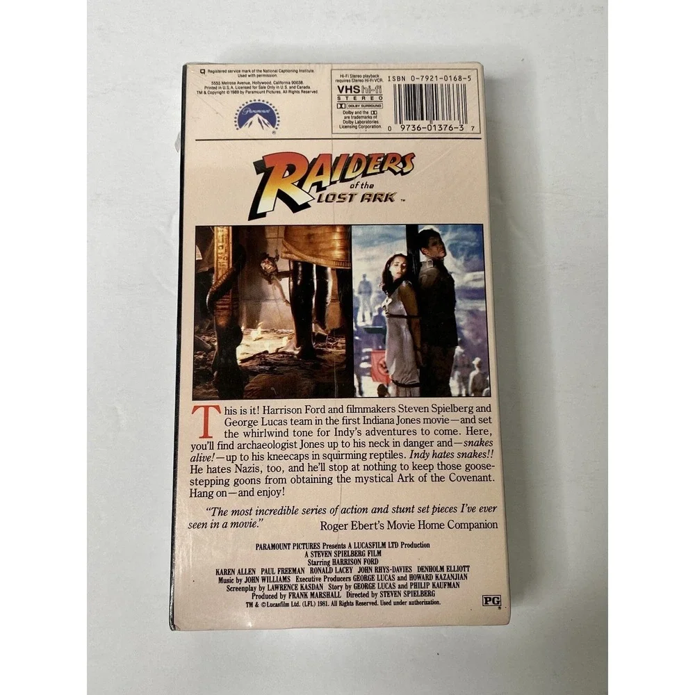 Indiana Jones Raiders of the Lost Ark 1981 Vhs Paramount Watermarks Sm. Tear New